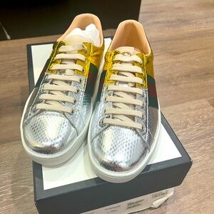 GUCCI Men Ace Sneakers Metallic Gold and Silver Leather 100% Authentic